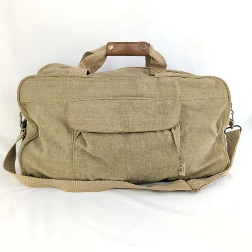 Armani For Men Duffle Bag Canvas Weekender Travel Gym Bag Tan Leather Handle Str